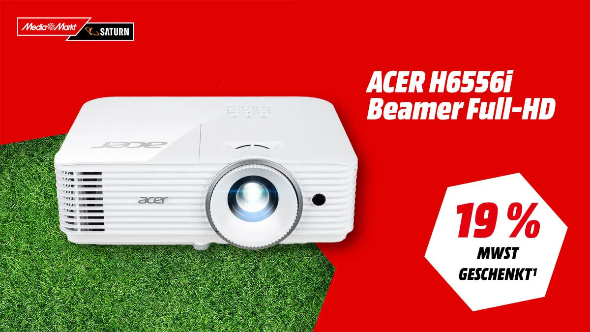 Der ACER Full-HD-Beamer und Hinweis auf Mehrwertsteuer-geschenkt-Aktion bei MediaMarkt.
