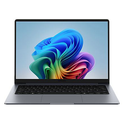 Schlanker Laptop in Grau mit schwarzer Tastatur und nahezu randlosem Display mit bunter abstrakter Grafik.