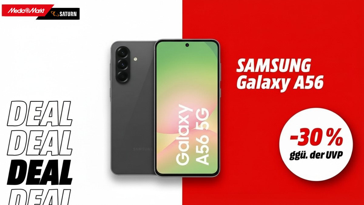 Das Samsung Galxy A56 Smartphone und Hinweis auf 30 Prozent Rabatt ggü. der UVP.