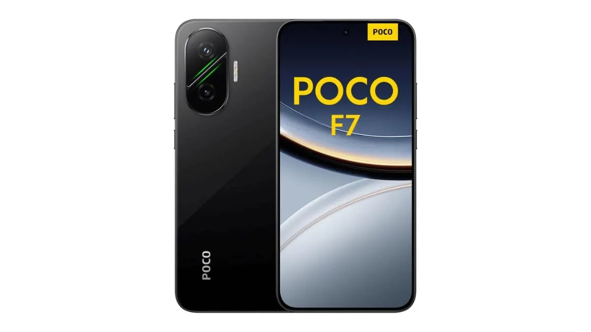 Das Smartphone Xiaomi Poco F7 von hinten und vorn vor weißem Hintergrund.