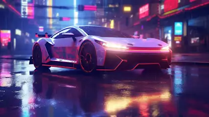 Ein weisses Sportauto mit schwarzen Rädern steht auf einer nassen Strasse in einer Stadt mit Neonlichtern.