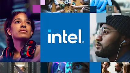 Collage mit Intel-Logo, Personen mit Kopfhörern, Chip-Arbeit, Serverwartung und Datenbrille.