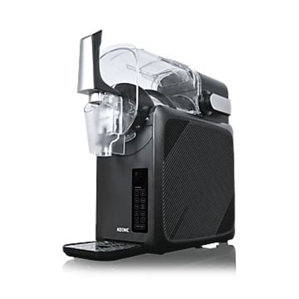 Schwarzer Slush Ice Maker von Koenic mit transparenten Tank, Auslauf und Abtropfschale vorne.