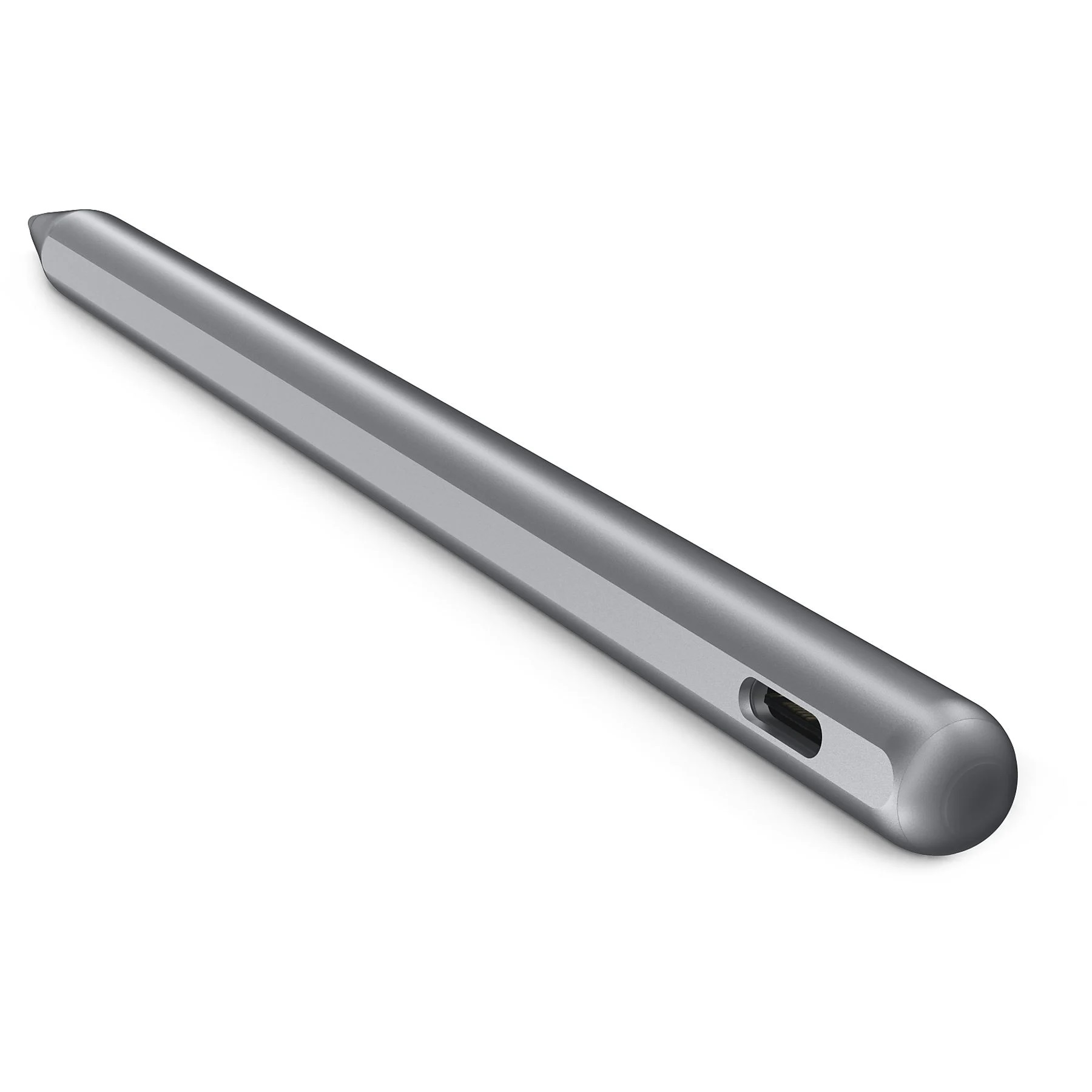 Ein grauer, zylindrischer Stift mit einer Spitze und einem Ladeanschluss liegt auf einem weißen Hintergrund.