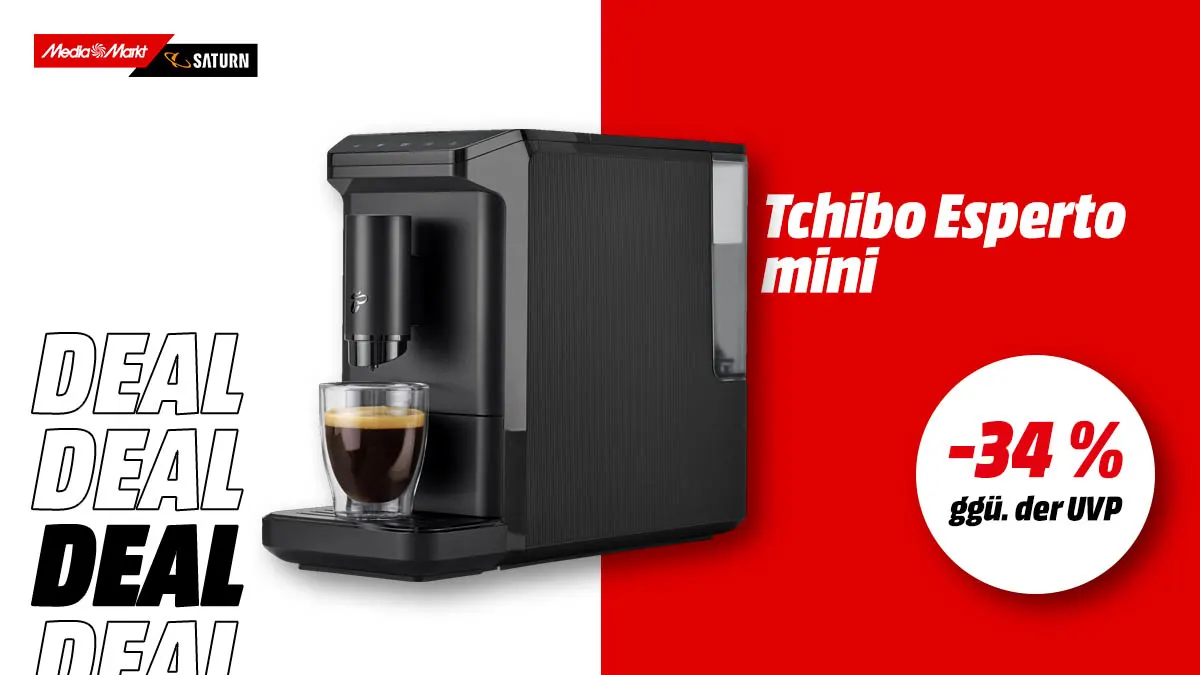 Der Tchibo Esperto mini Kaffeevollautomat und Hinweis auf 34 Prozent gegenüber der UVP auf weiß-rotem Hintergrund.