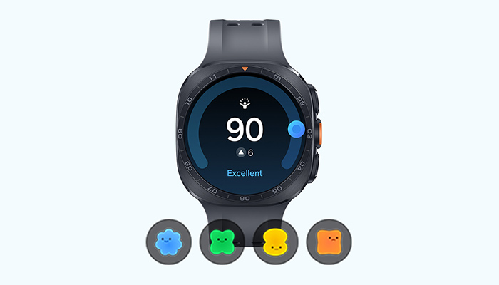 Samsung Galaxy Watch Ultra2 mit Energie-Score auf dem Display und Wellness-Symbolen für Schlaf, Aktivität und Gesundheitsdaten.