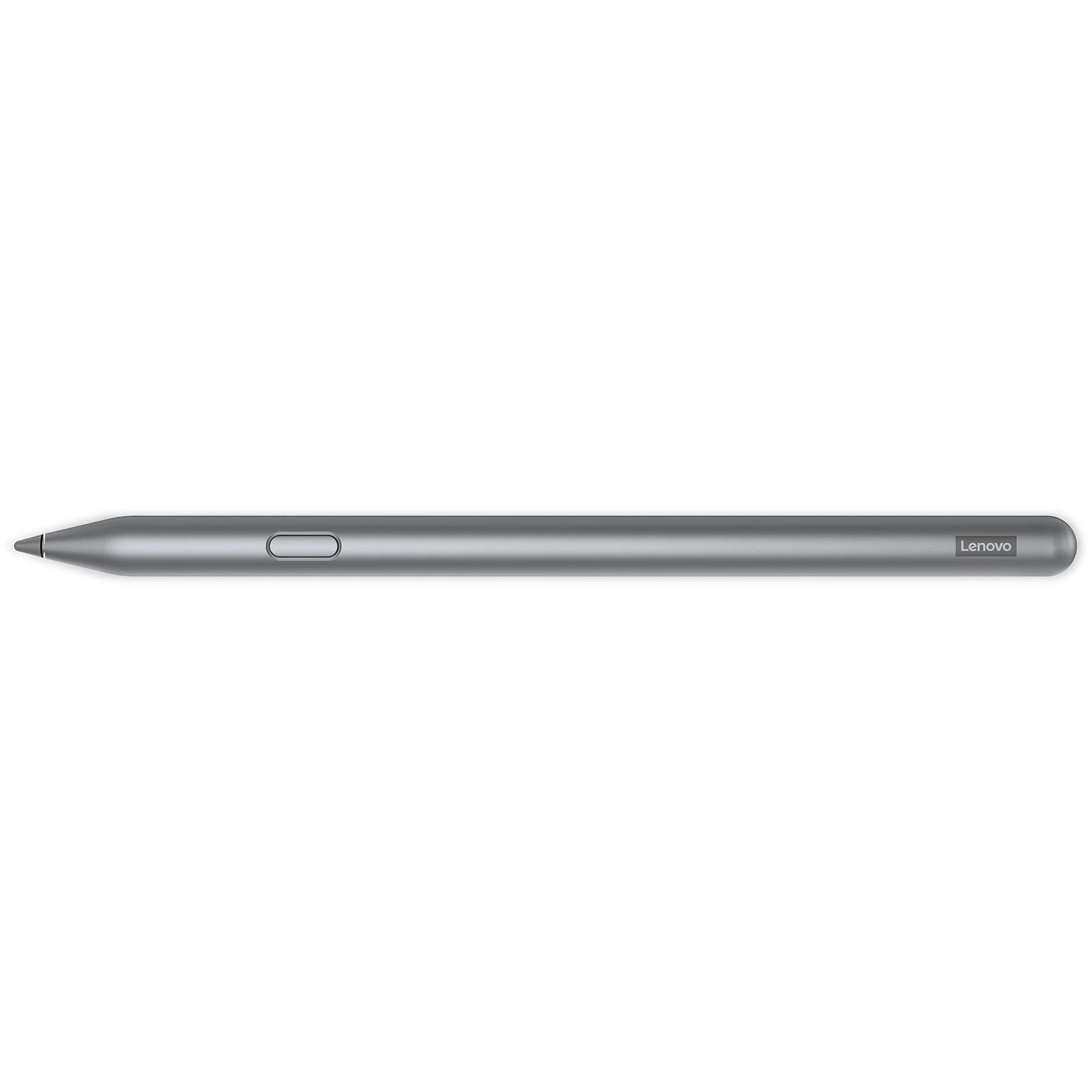 Ein grauer Lenovo Stift liegt waagerecht in der Mitte vor einem weißen Hintergrund.