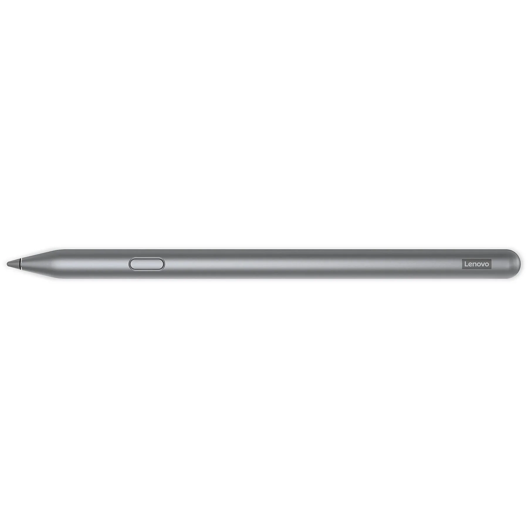 Ein grauer Lenovo Stift liegt waagerecht in der Mitte vor einem weißen Hintergrund.