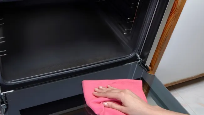 Hand reinigt Ofen mit Tuch