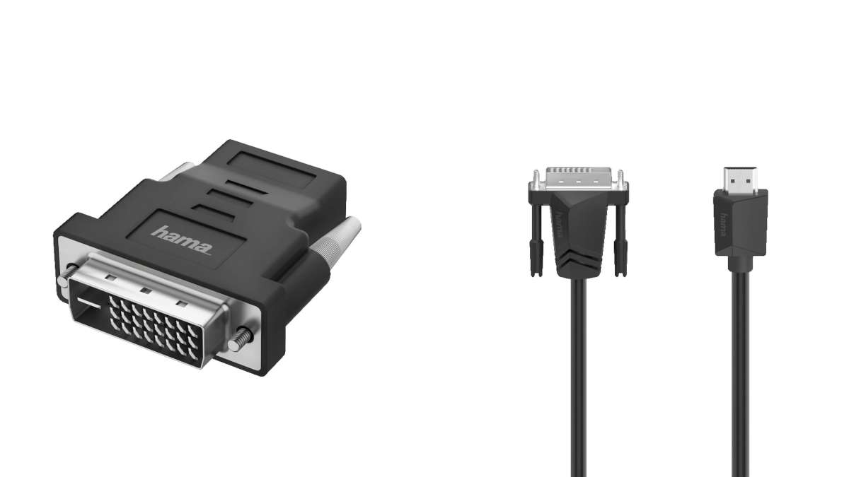 Ein HDMI-auf-DVI-Adapter und ein HDMI-auf-DVI-Kabel vor einem weißen Hintergrund.