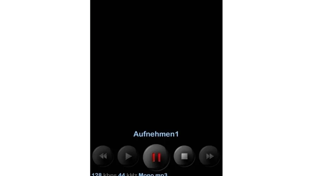 Schwarzer Bildschirm mit Wiedergabesymbolen: Zurückspulen, Abspielen, Pause, Stopp und Vorspulen. Text "Aufnehmen1" und Audio Spezifikationen.