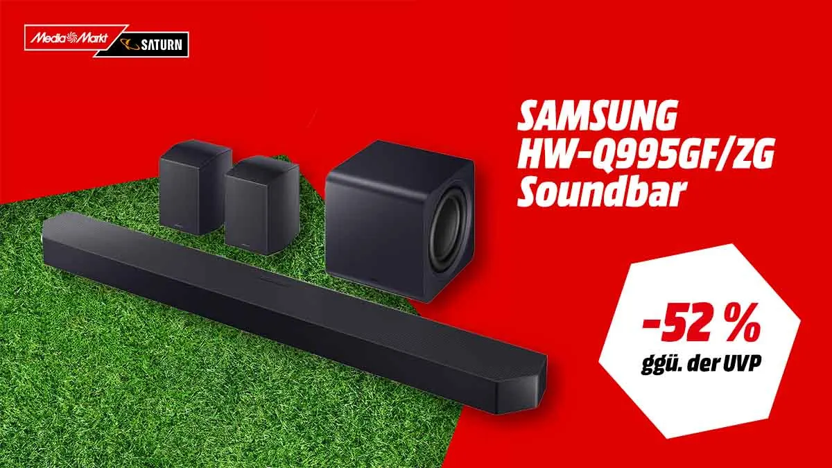 Die Samsung HW-Q995GF/ZG Soundbar und Hinweis auf Rabatt über 52 Prozent ggü. der UVP.
