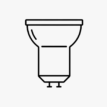 Umriss einer GU10-Lampe auf einem hellgrauen Hintergrund. Die Lampe hat eine breite, abgerundete Oberseite und einen schmalen, zylindrischen Sockel.