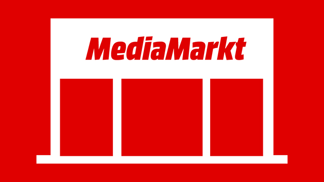 Roter Hintergrund mit weißem Rahmen, der das rote Wort "MediaMarkt" trägt und rote Fenster darunter hat.