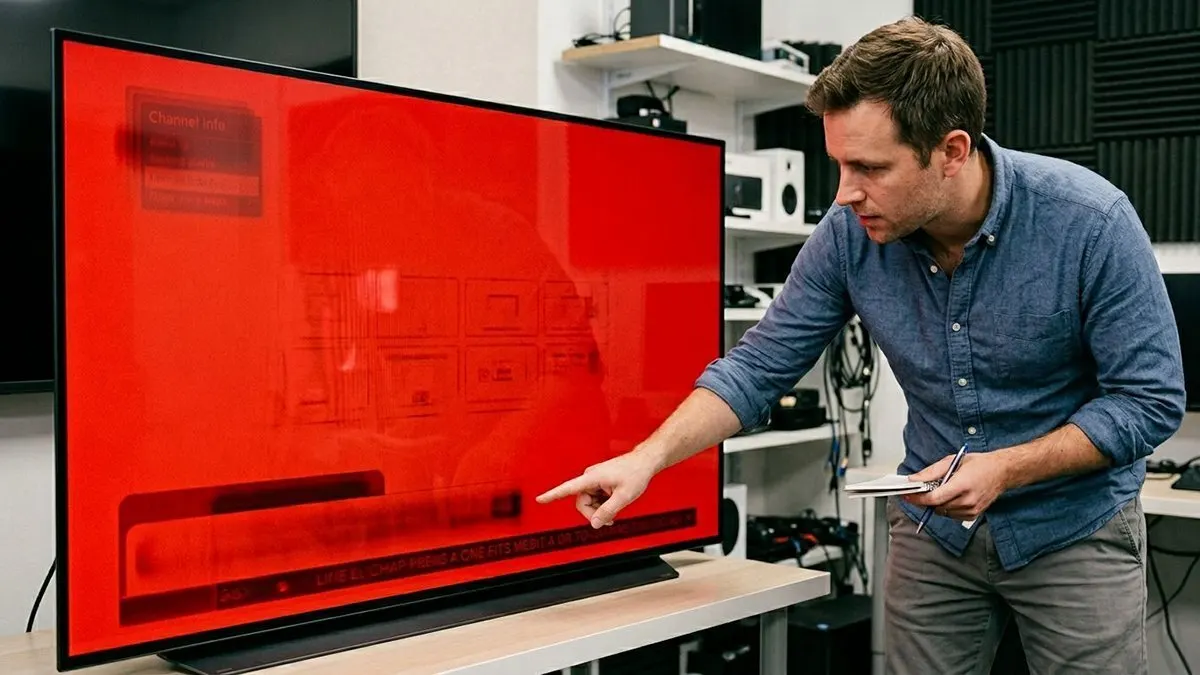 Ein Mann mit Notizbuch zeigt auf einen dunklen Fleck auf einem OLED-TV mit starkem Burn-in-Effekt. KI-generiert.