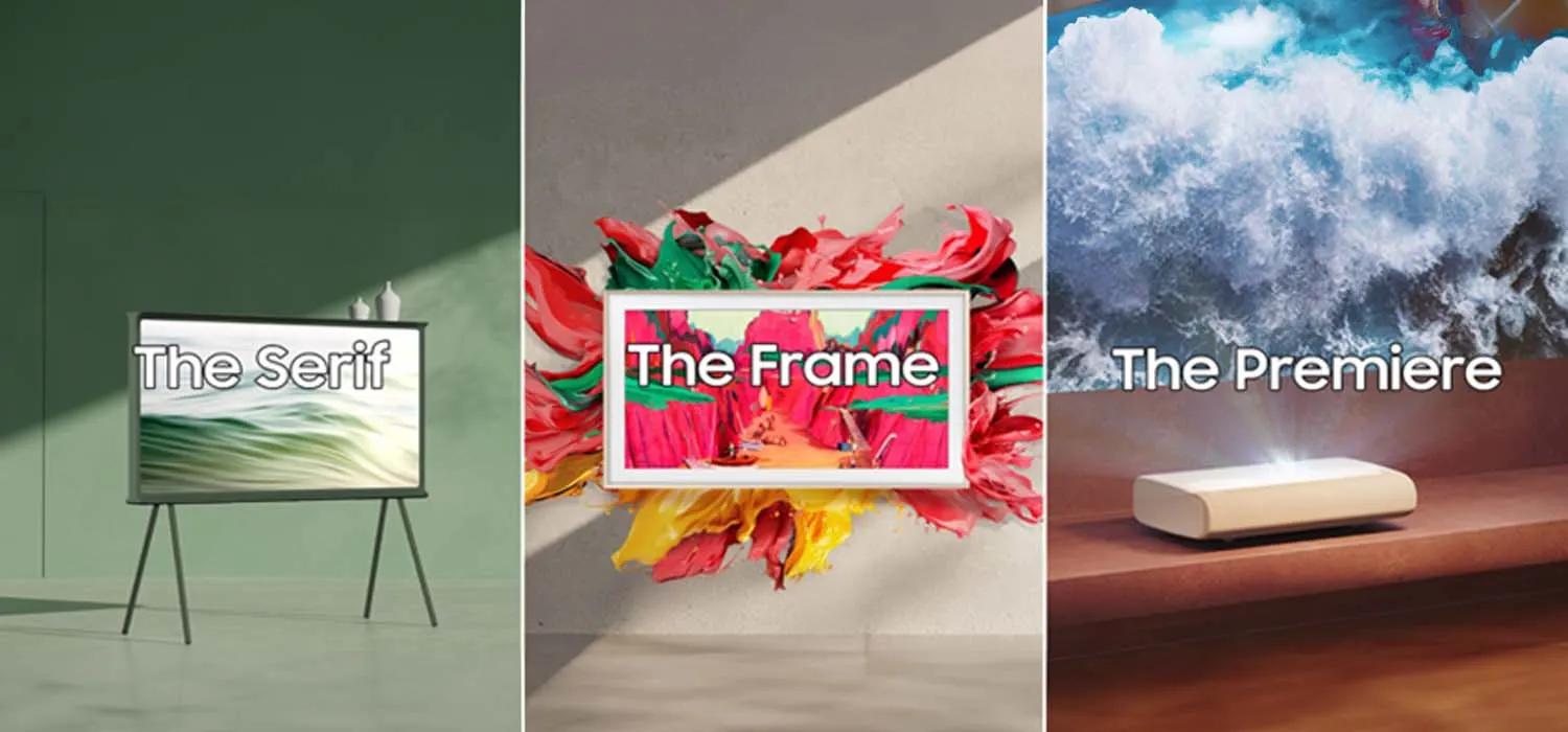 In drei verschiedenen Szenarien werden die The Serif, The Frame TVs und The Premiere Beamer gezeigt
