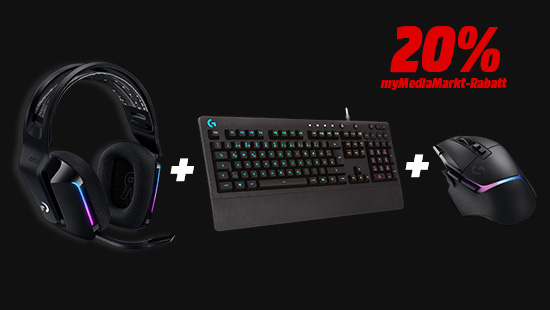 Gaming-Headset, RGB-Tastatur und Gaming-Maus von Logitech mit Hinweis „20 % myMediaMarkt-Rabatt