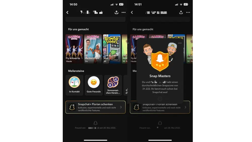 Zwei Screenshots von Snapchat: Links "Für uns gemacht", "Meilensteine". Rechts "Snap Masters" mit einem gelben Abzeichen.