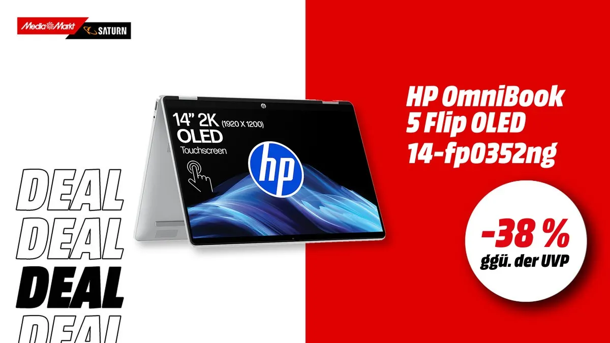 HP OmniBook 5 Flip OLED 14 Laptop in 14-Zoll-Ansicht, aktuell mit -38 % (ggü. der UVP) reduziert