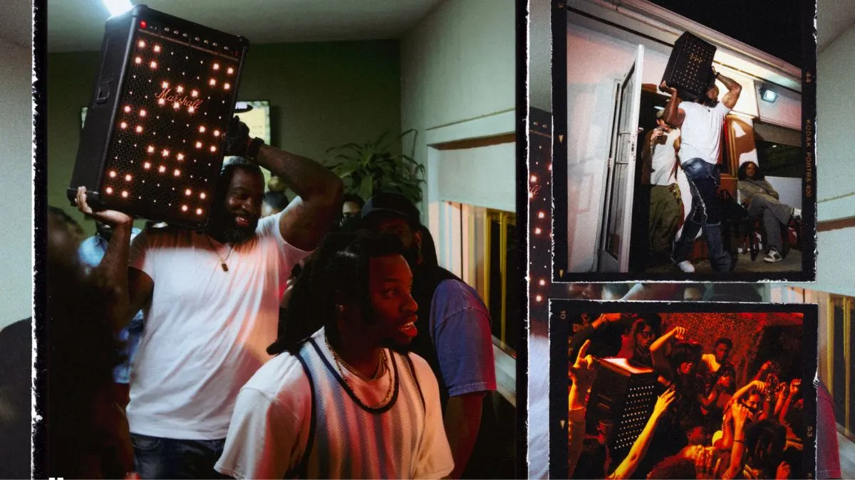 Eine Collage zeigt Szenen einer Hausparty mit der Partybox Marshall Bromley 750 und deren Werbebotschafter, dem US-Rapper Denzel Curry.