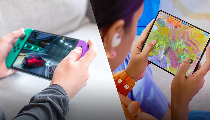 Kollage zweier Personen, die mit einer Nintendo Switch und einem Tablet spielen.