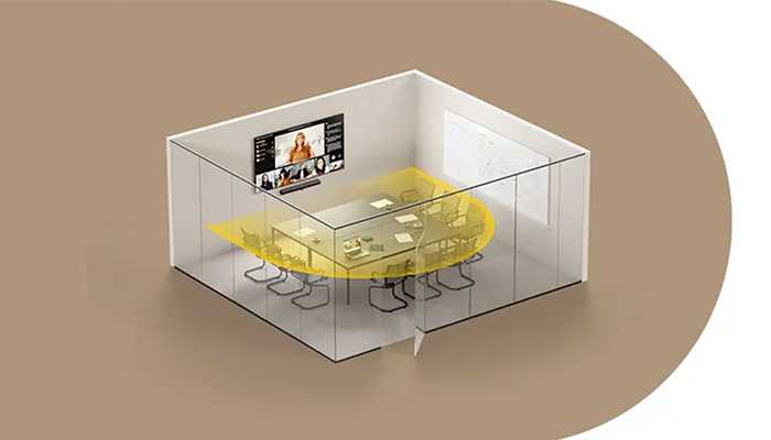 Meetingsraum mit großer Video-Bar an der Wand. Optimale Aufmerksamkeit und Kommunikation ist garantiert.