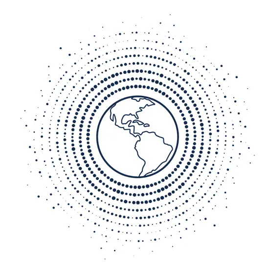 Ein blau umrandeter Globus mit Nord- und Südamerika ist von konzentrischen blauen Punktekreisen umgeben.