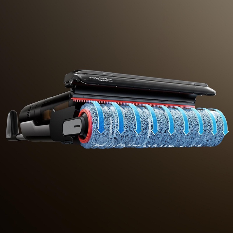 Detailansicht der Rollbürste des DREAME H12 FlexLite Nass-/Trockensaugers mit blauen Pfeilen, die die Saugrichtung veranschaulichen.