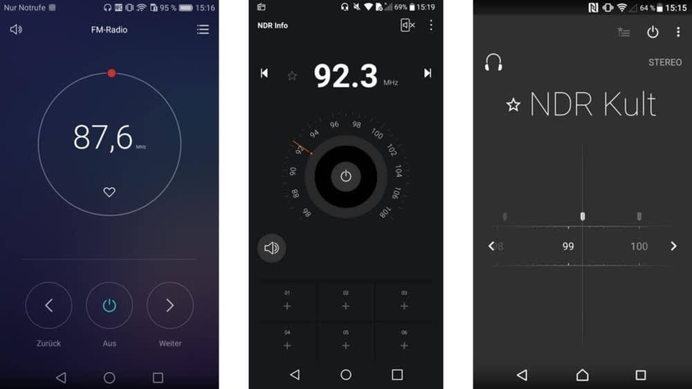Drei unterschiedliche Screenshots zeigen UKW-Radio-Apps von Huawei, LG und Sony.