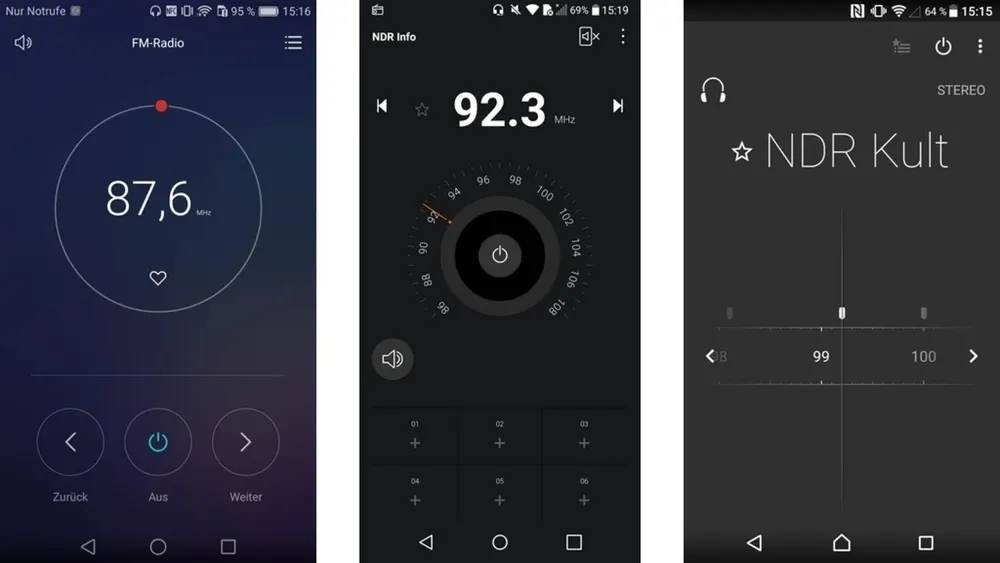 Drei Smartphone-Bildschirme mit FM-Radio-Apps, die Frequenzen, Sender und Steuerelemente anzeigen.