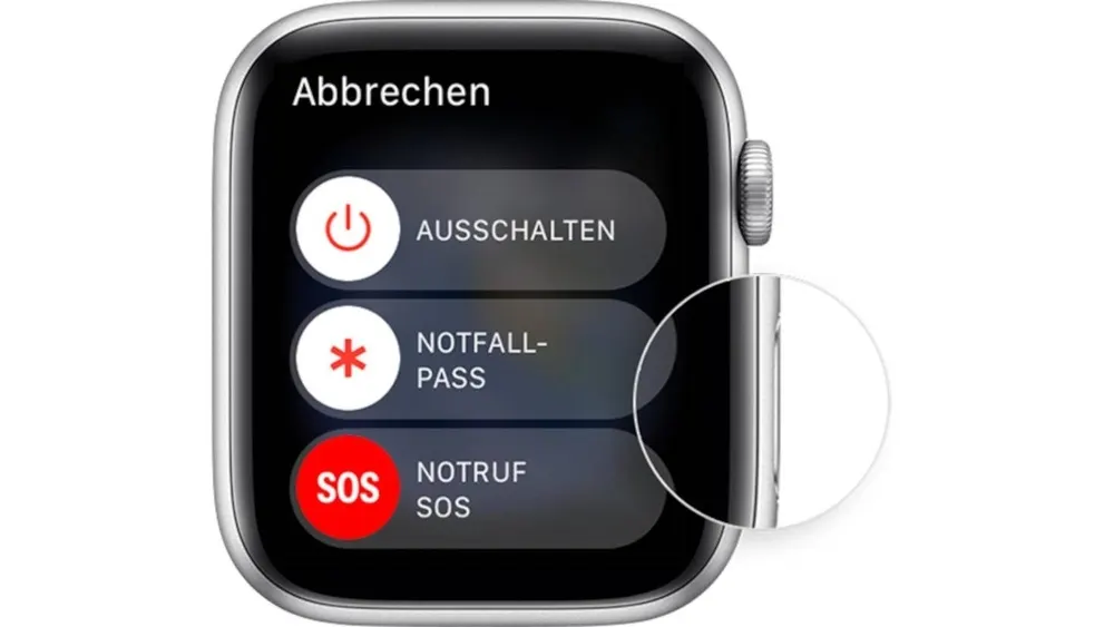 Nahaufnahme einer Smartwatch mit Optionen zum Ausschalten, Notfallpass und Notruf SOS auf dem Display.