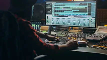 Eine Person sitzt an einem Mischpult vor einem Computerbildschirm mit Audiobearbeitungssoftware in einem Tonstudio.