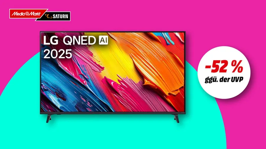 LG QNED TV, Hinweis auf 52 Prozent Rabatt gegenüber UVP auf buntem Hintergrund. 