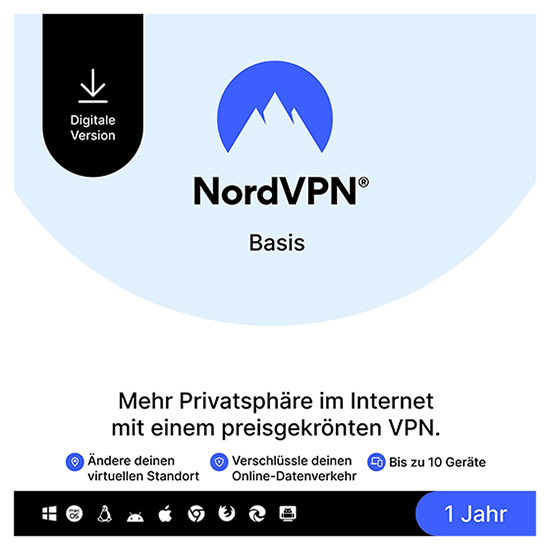 NordVPN Basis-Tarif mit blauem Logo. Bewirbt sicheres VPN für mehr Privatsphäre im Internet. Zeigt 1-Jahr-Angebot mit Sternen-Bewertung.