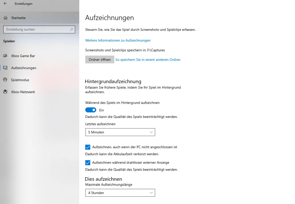 Auf weißem Grund zeigt eine Windows-Einstellungsseite „Aufzeichnungen“ mit Optionen zur Spielaufzeichnung und Speicherorten.