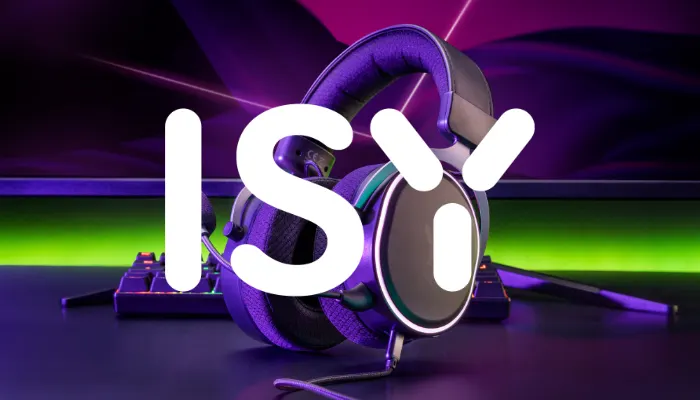 Isy Logo vor buntem Hintergrund mit Kopfhörern.