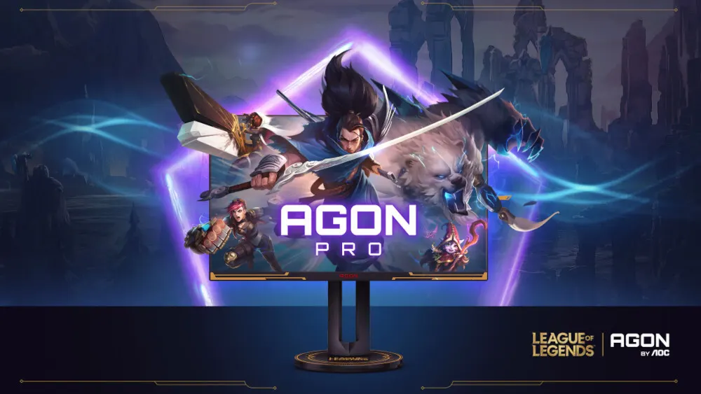 AGON PRO Monitor zeigt League of Legends Charaktere vor einer zerstörten Stadtkulisse. Logos unten.
