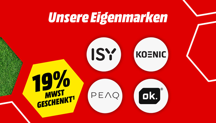 Exklusiv für myMediaMarkt-Kunden: Spare 19% Mehrwertsteuer auf unsere Eigenmarken Peaq, Koenic, Isy und ok. Nur bis Montag, 8. Juni, 8 Uhr.