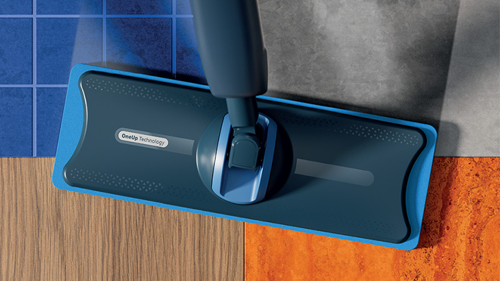 Ein blauer Philips OneUp reinigt verschiedene Bodenarten, darunter Fliesen, Holz und Vinyl.