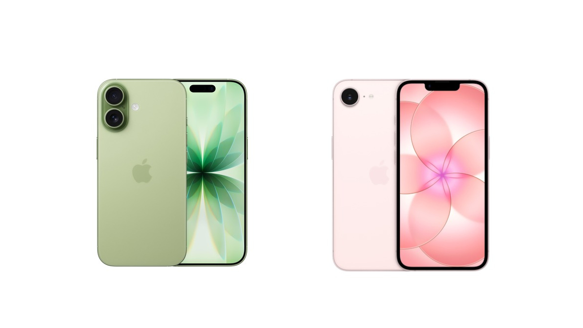 Das iPhone 17 in der Farbe Salbei links neben dem iPhone 17e in der Farbe Hellrosa vor weißem Hintergrund.