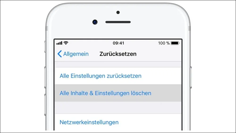 Auf einem Smartphone-Bildschirm sind die Einstellungen zum Zurücksetzen mit Optionen wie "Alle Inhalte löschen" sichtbar.