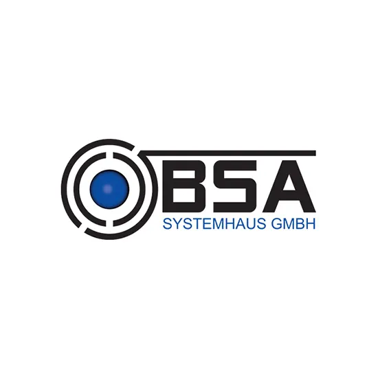 Logo von BSA Systemhaus GmbH. Es zeigt einen schwarzen Zielkreis mit einer blauen Kugel und den schwarzen Schriftzug "BSA SYSTEMHAUS GMBH".