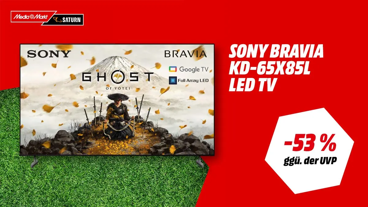 Der Sony Bravia KD-65X85L LED-TV und Hinweis auf Rabatt von 53 Prozent auf die UVP.