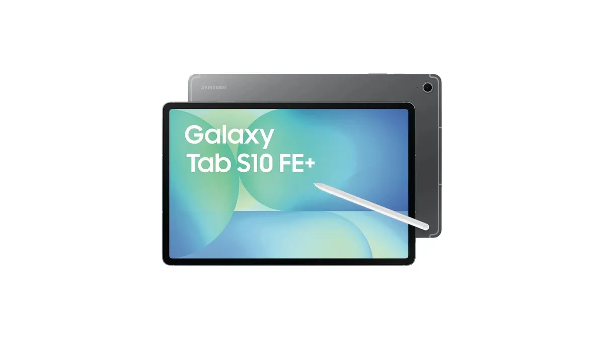 Das Samsung Galaxy Tab S10 FE+ vor weißem Hintergrund.