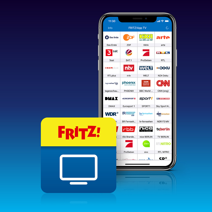 App-Darstellung auf einem Smartphone mit TV-Senderlogos und FRITZ!App-Logo und weißem TV-Symbol.
