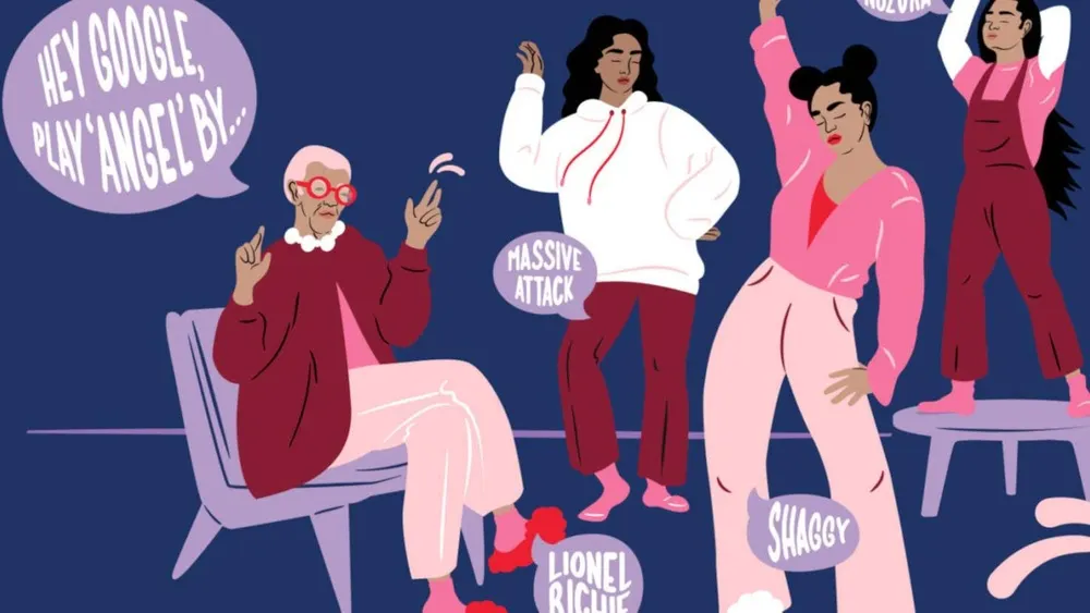 Zeichnung mit tanzenden Frauen und Sprechblasen, die Künstlernamen wie Shaggy, Lionel Richie und Massive Attack beinhalten.
