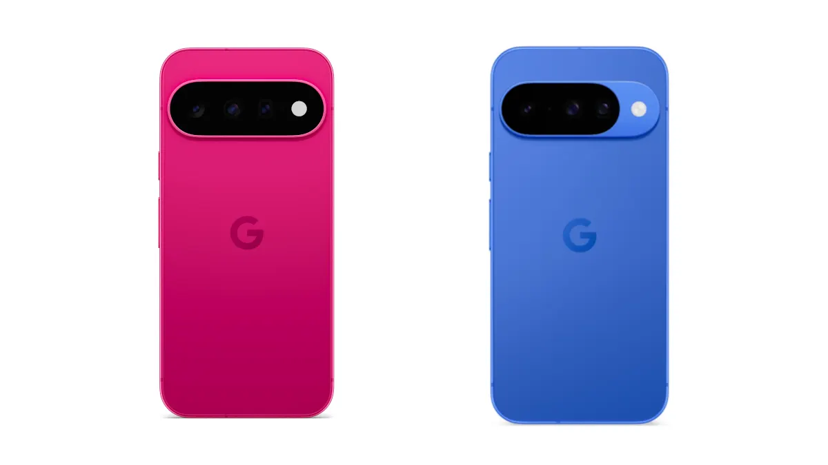 Das Google Pixel 11 in der Farbe Hibiscus links neben dem Google Pixel 10 in der Farbe Indigo vor weißem Hintergrund.