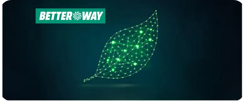 Auf dunkelblauem Grund befindet sich ein grünes Blattsymbol, das aus Punkten und Linien besteht, sowie der grüne Text "BETTER WAY".