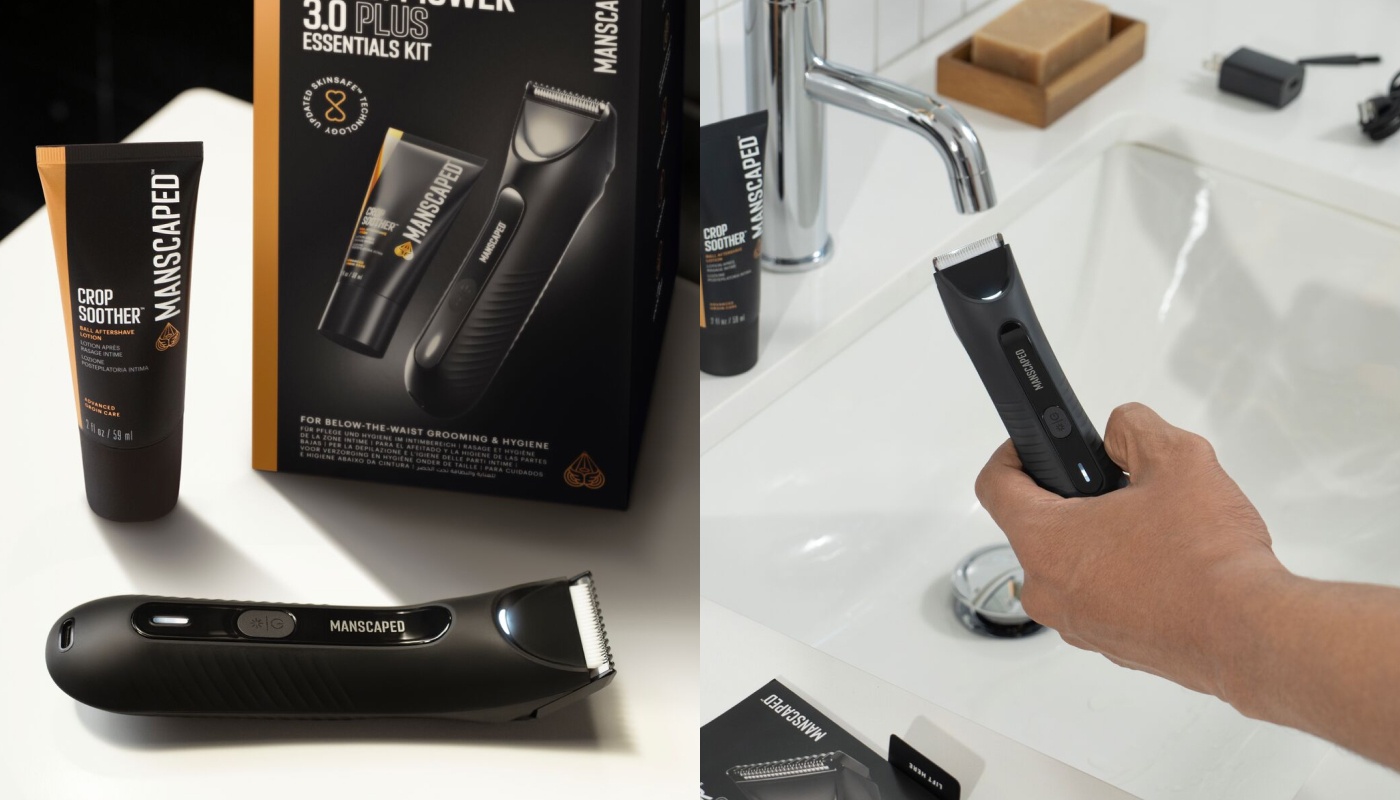 Auf dem Foto sind Körperpflegeprodukte von Manscaped, darunter ein Trimmer, Lotion und eine Box mit Pflegeprodukten zu sehen.