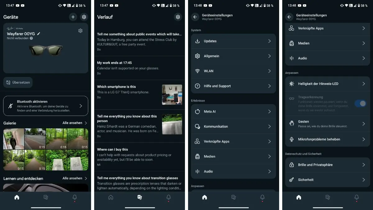 Vier Screenshots einer App-Oberfläche auf einem dunklen Bildschirm, die Geräteeinstellungen und Verlaufsoptionen zeigt.